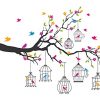 Decals Design Wall Sticker 'Branches With Flowers And Birds Cages Home Decoration'
