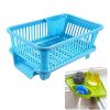 ZooY 3 in 1 Large Durable Plastic Kitchen Sink Dish Rack Drainer Drying Rack Washing Basket with Tray for Utensils Tools Cutlery & Corner for Kitchen Sink Wash Basin(Multi-Color, Pack of 1)