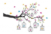 Decals Design Wall Sticker ‘Branches With Flowers And Birds Cages Home Decoration’