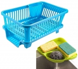Zyomatiq Popular Combo Kitchen Sink Corner Organizer & 3 in 1 Large Durable Sink Plastic Dish Rack Utensil Drainer Drying Basket with draining Tray After wash Cutlery Fork Organizer(Multi Color)